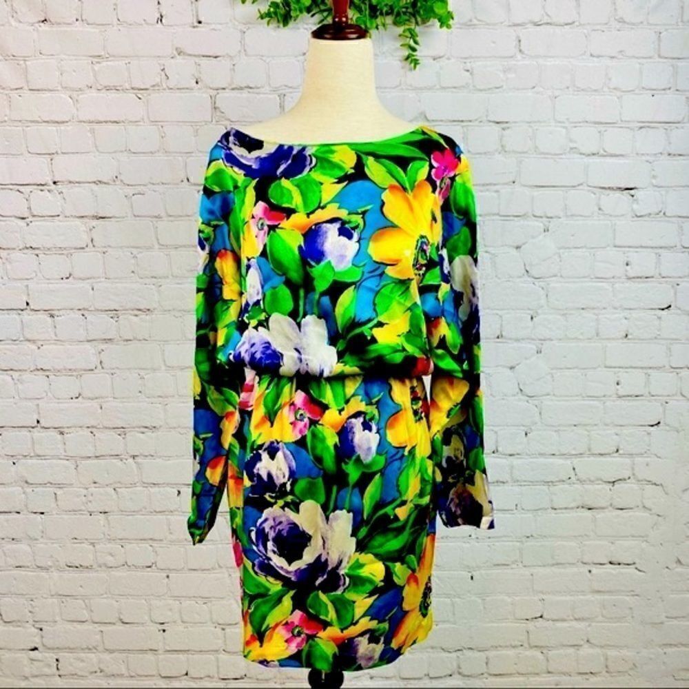 VTG 80s Mary Jo Bruno Tropical Hawaiian Aloha Silk Shirt Dress